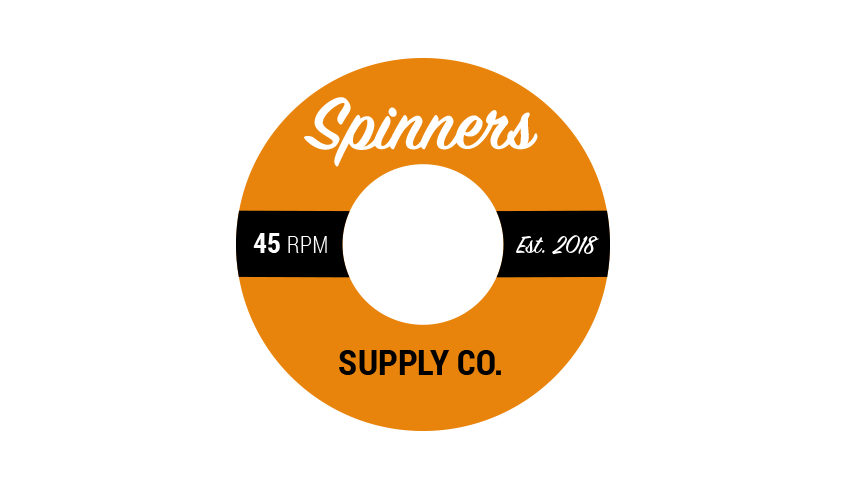 Spinners Supply Company logo. Orange and back 45 rpm label design.